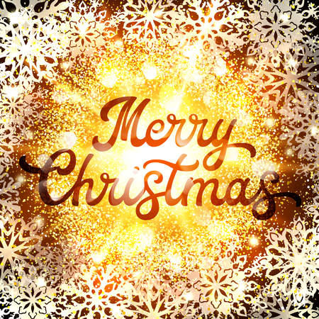 Christmas lettering inscription on abstract glowing background with glittering confetti elements and snowflakes. Xmas . Christmas dust firework light with glow. Holiday illustration.のイラスト素材