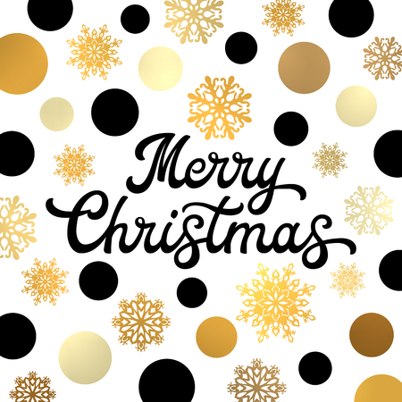 Merry Christmas lettering inscription on Xmas pattern background with gold and black circles and snowflakes. Winter typography design for greeting card template. Font illustration.のイラスト素材