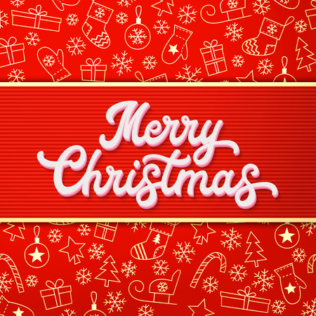 Merry Christmas. White 3d Xmas lettering inscription on red and gold Christmas background with sleighs, trees, balls, gifts. Decoration for seasons greeting cards design. Font illustration.のイラスト素材