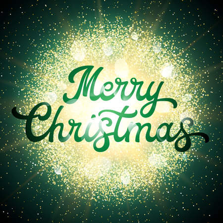 Christmas card with lettering inscription on abstract explosion background with glittering elements and glowing star. Xmas decoration. Christmas firework light with glow. Holiday illustration.のイラスト素材