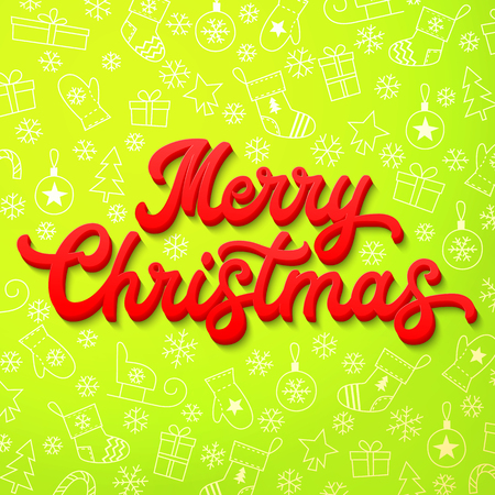 Red 3d Xmas lettering on green Christmas background with sleighs, trees, balls, gifts. Xmas decoration for seasons greeting cards design. Font illustration.のイラスト素材