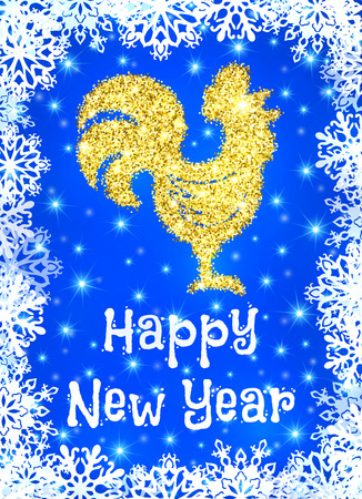 Golden glitter crowing rooster with sparkles and stars on blue Christmas background with snowflakes. Chinese symbol for the New year 2017. Silhouette with gold confetti. Tinsel illustration.のイラスト素材