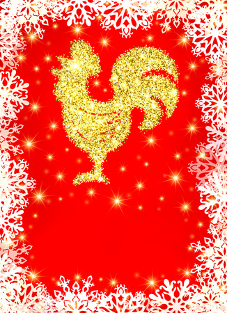 Golden glitter crowing rooster with sparkles and stars on red Christmas background with snowflakes and blank space for text. Chinese symbol for the New year 2017. Tinsel illustration.のイラスト素材