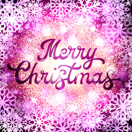 Christmas lettering inscription on abstract glowing background with glittering confetti elements and snowflakes. Xmas . Dust firework light with purple glow. Holiday illustration.のイラスト素材