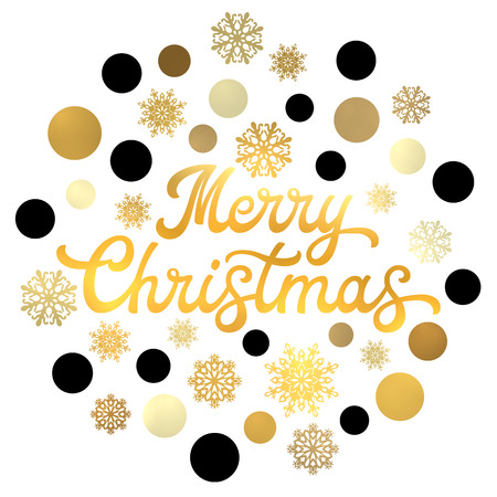 Merry Christmas gold lettering inscription. Xmas frame with pattern gold and black circles and snowflakes. Winter typography design for greeting card template. Font illustration.のイラスト素材