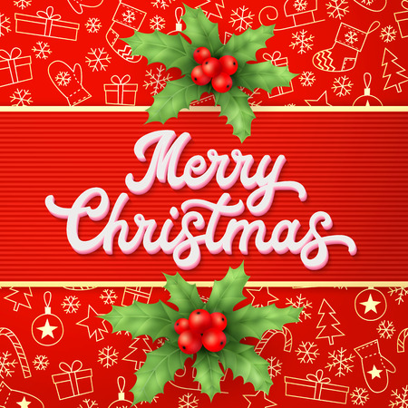 White Xmas lettering inscription and holly on red Christmas background with gold elements sleighs, trees, balls, gifts. Christmas decoration for seasons greeting cards design. Font illustrationのイラスト素材