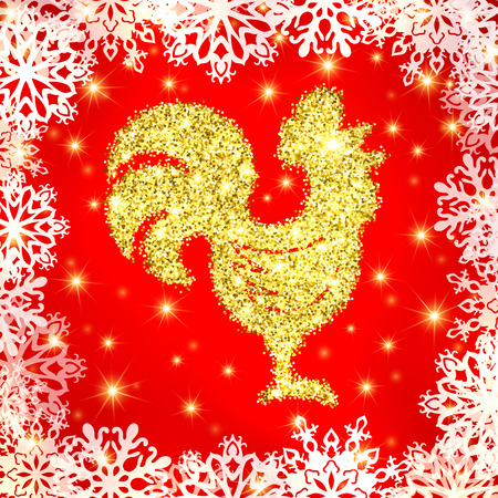 Golden glitter crowing rooster with sparkles and stars on red winter background with snowflakes. Chinese symbol for the New year 2017. Cock silhouette with gold confetti. Tinsel  illustration.のイラスト素材