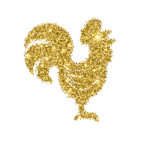 Glitter gold crowing rooster with sparkles isolated on white background. Chinese symbol for the New year 2017. Cockerel silhouette with golden glittering confetti. Tinsel illustration.のイラスト素材