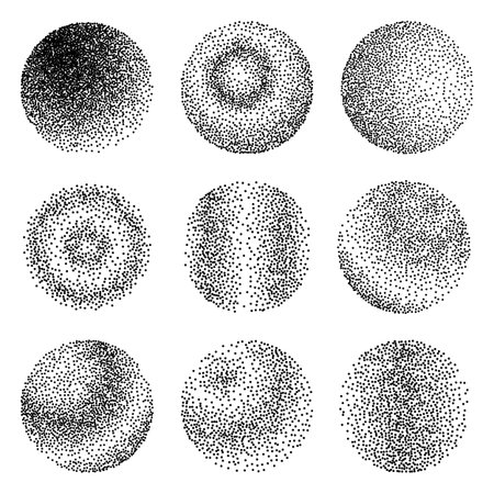 Abstract gradient halftone dotwork. Circles with black dots. Round shaped elements for grunge background.のイラスト素材