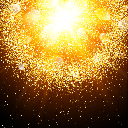 Abstract golden explosion with gold glittering elements. Burst of glowing star. Dust firework light effect. Sparkles splash powder background. Vector illustration.のイラスト素材