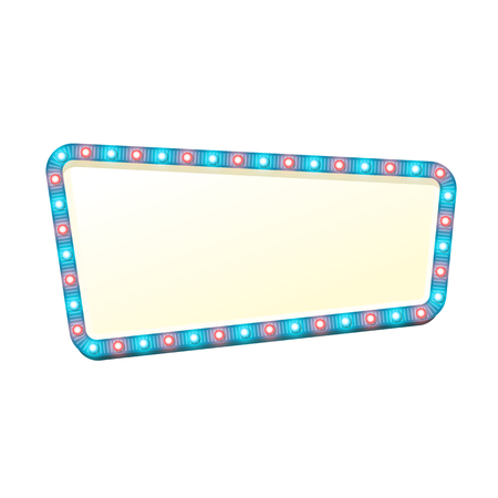 Blank 3d retro light banner with shining bulbs. Blue sign with blue and red lights and blank space for text. Vintage street signboard. Advertising frame with glow. Colorful vector illustration.のイラスト素材