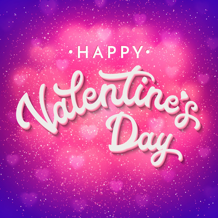 Valentines Day card or banner with shiny bokeh blurred hearts and glitter texture confetti. Romantic poster with 3d white hand lettering text on pink and purple backdrop. Font vector illustration.の写真素材
