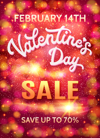 Valentines day sale poster template on abstract background with hearts, sparkles, stars and bokeh circles. Discount banner with 3d white hand lettering words. Font vector illustration. EPS10の写真素材