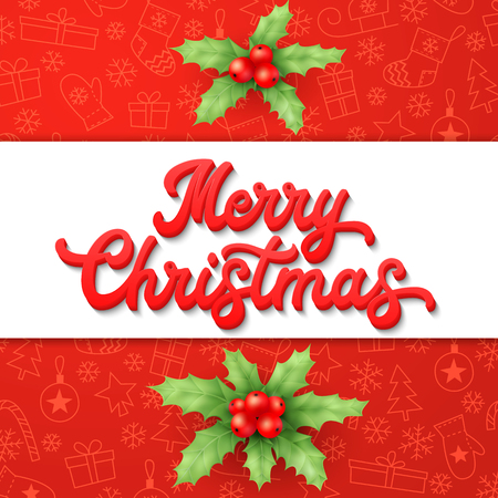 Xmas 3d lettering inscription and holly on red Christmas background. Christmas decoration for seasons greeting cards design. Font vector illustrationの写真素材