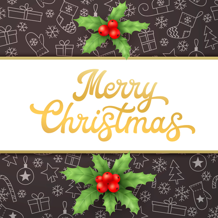 Merry Christmas. Square Xmas card with gold lettering inscription and holly on black background with sleighs, trees, balls, gifts. Font vector illustration.のイラスト素材