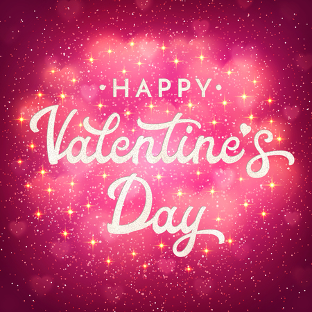 Valentines Day greeting card or banner with shiny bokeh blurred hearts, glittering confetti and sparkles. Romantic poster with hand lettering text on pink glitter background. Font vector illustration.のイラスト素材
