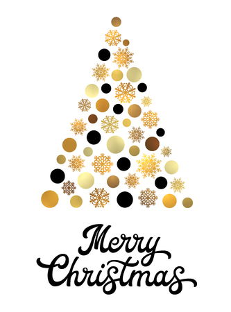 Stylized Christmas tree isolated on white background with trendy black hand lettering design. Stylish Xmas card with golden circles and snowflakes. Seasons greetings vector font illustration.のイラスト素材