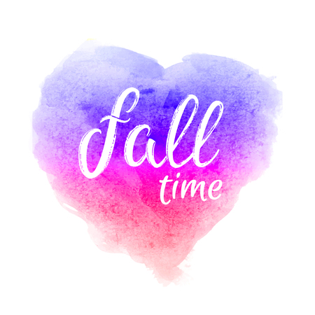 Fall time. Greeting card with hand lettering text on rainbow abstract watercolor heart shaped grunge background. Decoration for seasons autumn design. Font vector illustration. EPS10.のイラスト素材