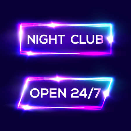 Open 24 7 Hours. Night Club Neon Sign. 3d Retro Light Bar Glowing Set With Neon Effect. Techno Frames On Dark Blue Backdrop. Electric Street Banners Design. Colorful Vector Illustration in 80s Style.のイラスト素材