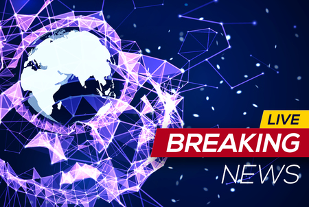 Breaking News Banner on Blue Glowing Plexus Structure Background with Earth Planet, Flares, Sparkles, Particles. World News on Abstract Geometric Network with Triangles. Technology Vector Illustrationのイラスト素材