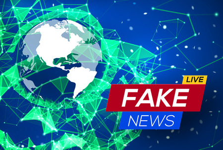 Fake News Live with World Map on Blue Glowing Plexus Structure Background. Business Technology News Background with Earth Planet. Abstract Geometric Network with Particles. Vector Illustration.のイラスト素材