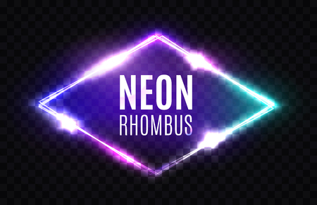 Night Club Neon Rhomb. 3d Retro Light Lozenge Sign With Neon Effect. Techno Rhombus Background. Glowing Brill Frame On Transparent Backdrop. Electric Street Diamond. Vector Illustration in 80s Style.のイラスト素材