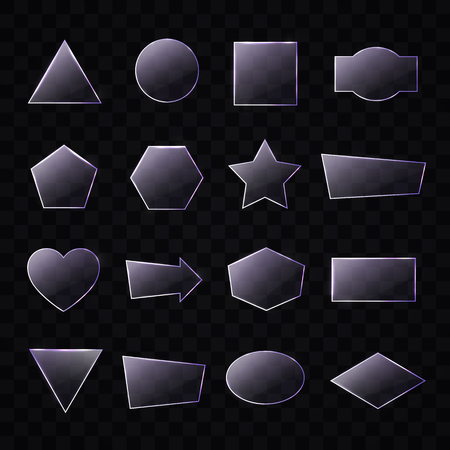 Set of transparent glass plates of different shapes in purple colors. Vector glass banners on transparent background. Technology frames. Realistic vector illustration.のイラスト素材