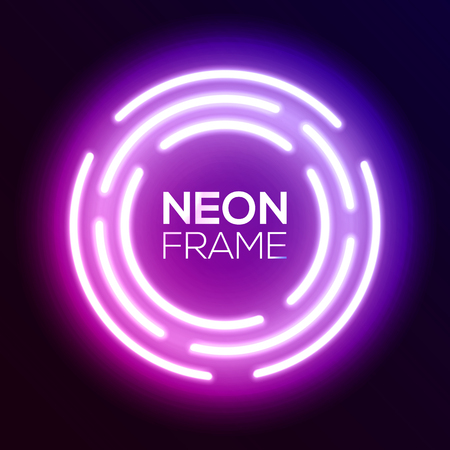 Purple gradient neon light frame. Shining round techno circles. Night club electric bright 3d sign board design on dark blue backdrop. Neon abstract background with glow.のイラスト素材