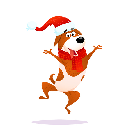 Funny cartoon jumping dog. Christmas flat joyful character design. Puppy on white background. Terrier wearing red Santa Claus hat laughs and jumps.のイラスト素材