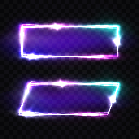 Night Club Neon Signs Set. Blank 3d Retro Light Background With Shining Neon Effect. Techno Frame With Glow On Transparent Backdrop. Electric Street Banner. Colorful Vector Illustration in 80s Style.のイラスト素材