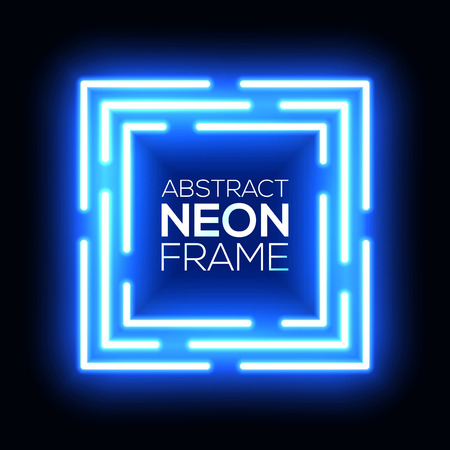 Blue neon light abstract squares. Shining techno square frame. Night club electric bright 3d box design on dark blue backdrop. Neon square background with glow. Technology vector cube illustration.のイラスト素材