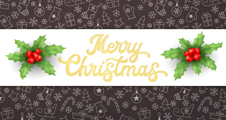 Merry Christmas. Golden glitter texture Xmas lettering inscription and holly on black Christmas background with sleighs, trees, balls, gifts. Seasons greeting cards design. Font vector illustration.の写真素材