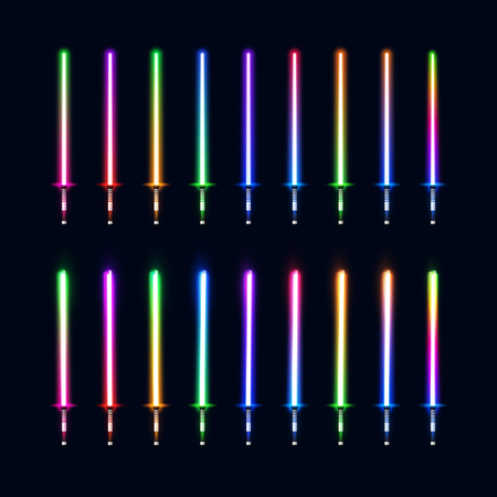 Collection of colorful glowing sabers isolated on dark blue background. Neon light gradient swords set. Luminous weapon elements for cosmic star war game design. Futuristic vector illustration.のイラスト素材