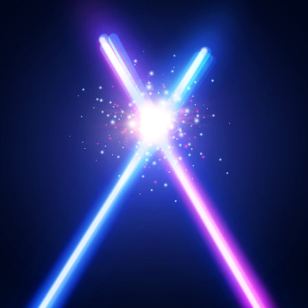 Abstract background with two crossed light neon swords fight. Glowing rays in space. Crossing laser sabers war. Club logo or emblem. Battle with star, flash and particles. Colorful vector illustrationのイラスト素材
