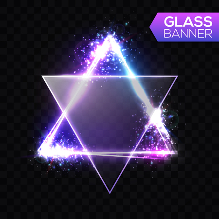 David star. Neon sign. Triangle background with textured transparent glass plate. Glowing electric abstract frame on transparent backdrop with light, glow, flares, firework. Bright vector illustrationのイラスト素材