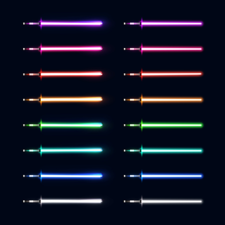 Neon light swords set. Colorful glowing sabers collection isolated on dark blue background. Luminous weapon elements for cosmic war game design. Futuristic vector illustration. EPS 10のイラスト素材