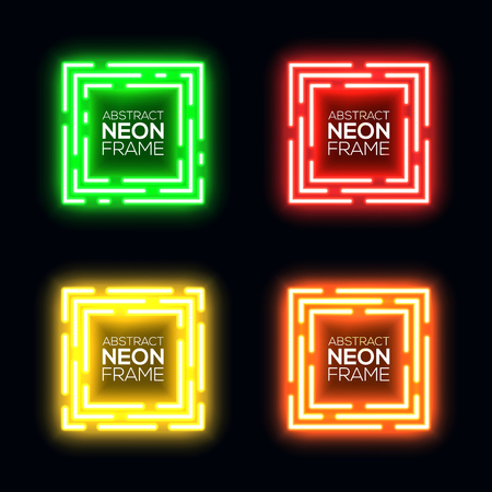 Neon light square set. Shining rectangle techno frame collection. Night club electric 3d banner on dark backdrop. Green red yellow orange abstract background with glow. Technology vector illustration.のイラスト素材