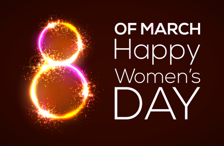 Happy Women's day. 8 march. Bright 3d banner on dark red backdrop. Neon circles with glow and firework. Greeting card for International women day design. Neon vector illustration with flash light.のイラスト素材
