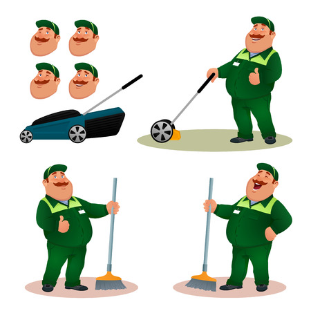 Funny cartoon janitor set with emotions.のイラスト素材