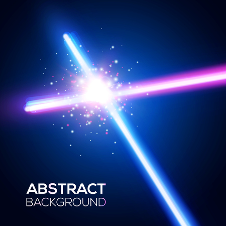 Abstract background with two crossed light neon swords fight. Glowing rays in space. Crossing laser sabers war. Club logo or emblem. Battle with star, flash and particles. Colorful vector illustrationのイラスト素材