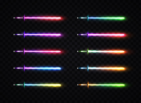 Neon light gradient swords set. Luminous weapon elements for cosmic war game design. Collection of colorful glowing sabers isolated on transparent background. Futuristic vector illustration.のイラスト素材