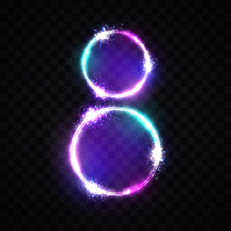 Two neon glowing circles. Bright banner on transparent background. Decoration for international women's day 8 eight march. Greeting card for women day design. Flash light colorful vector illustration.のイラスト素材