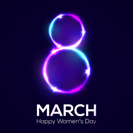 Happy Women's day, 8th of March in neon circles with glow and sparkles. Greeting card for International Women's day design. Bright 3d banner on dark blue backdrop neon vector illustration with flash light.のイラスト素材