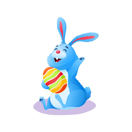 Cute smiling cartoon Easter rabbit sitting with paschal painted chocolate egg isolated on white background. Flat happy easter Bunny. Decoration for holiday greeting card. Colorful vector illustration.のイラスト素材