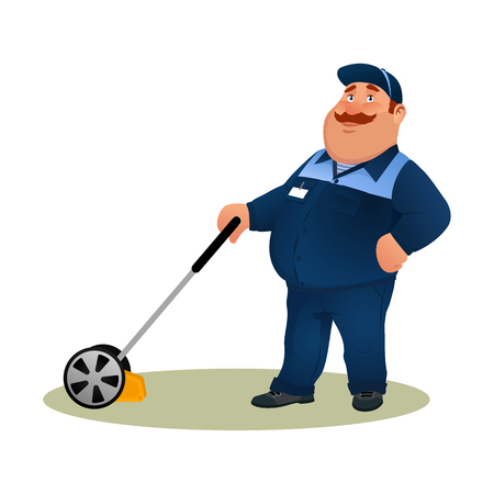 Funny cartoon farmer with lawn mower. Smiling fat character gardener man in blue suit cutting grass isolated on white background. Happy flat worker from lawn care service Colorful vector illustrationのイラスト素材
