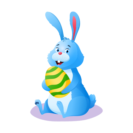 Flat happy easter Bunny. Cute smiling cartoon Easter rabbit sitting with paschal painted chocolate egg isolated on white background. Decoration for holiday greeting card. Colorful vector illustration.のイラスト素材