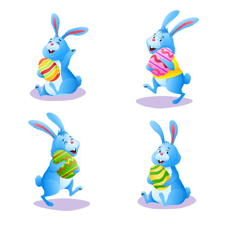Happy blue bunny collection isolated on white background. Cute cartoon rabbit set with chocolate easter painted eggs. Decoration for greeting card banner. Easter egg hunt. Colorful vector illustrationのイラスト素材