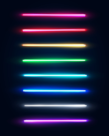 Neon light tubes set. Colorful glowing lines or borders collection isolated on dark blue background. Halogen or led light lamps elements pack for night party or game design. Color vector illustration.のイラスト素材