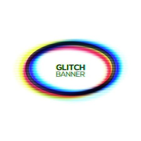 Abstract glitch texture oval frame. Geometric style art. Distorted modern ellipse background with glitch effect. Broken glitched round ring with rgb cmyk colors channel. Color vector illustration.のイラスト素材