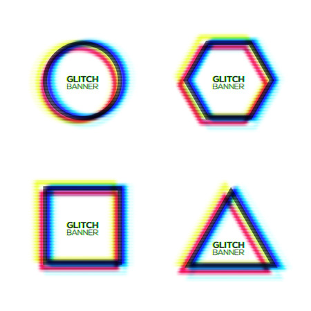 Abstract glitch texture frame set. Distorted modern round square triangle hexagon background with glitch effect. Broken sign collection with rgb cmyk colors channel. Minimal style vector illustration.のイラスト素材
